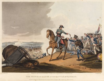 El príncipe de Orange en la batalla de Waterloo, distribuyendo en ese momento, a las valientes tropas, las órdenes que entonces llevaba, grabado por M. Dubourg, 1819 de John Augustus Atkinson